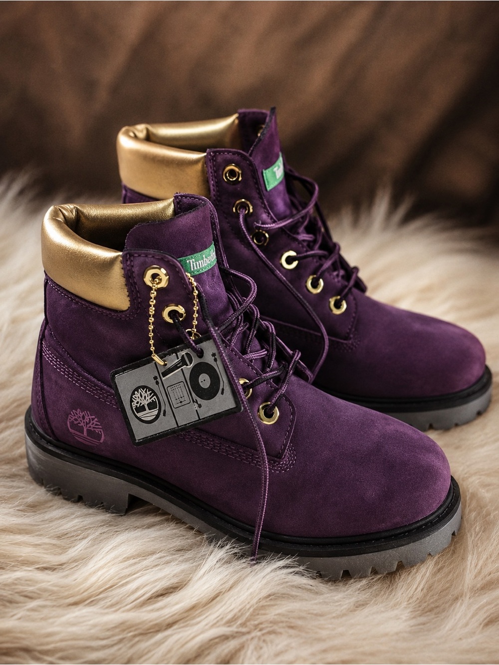 Timberland Purple Suede Kids Lace-Up Boots with Gold Collar